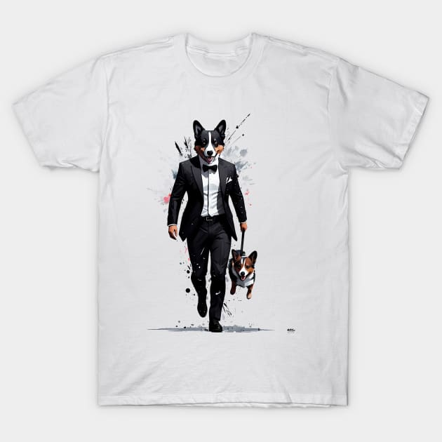 Dapper Corgi Secret Agent Carrying a Comrade in Tuxedo T-Shirt by fur-niche